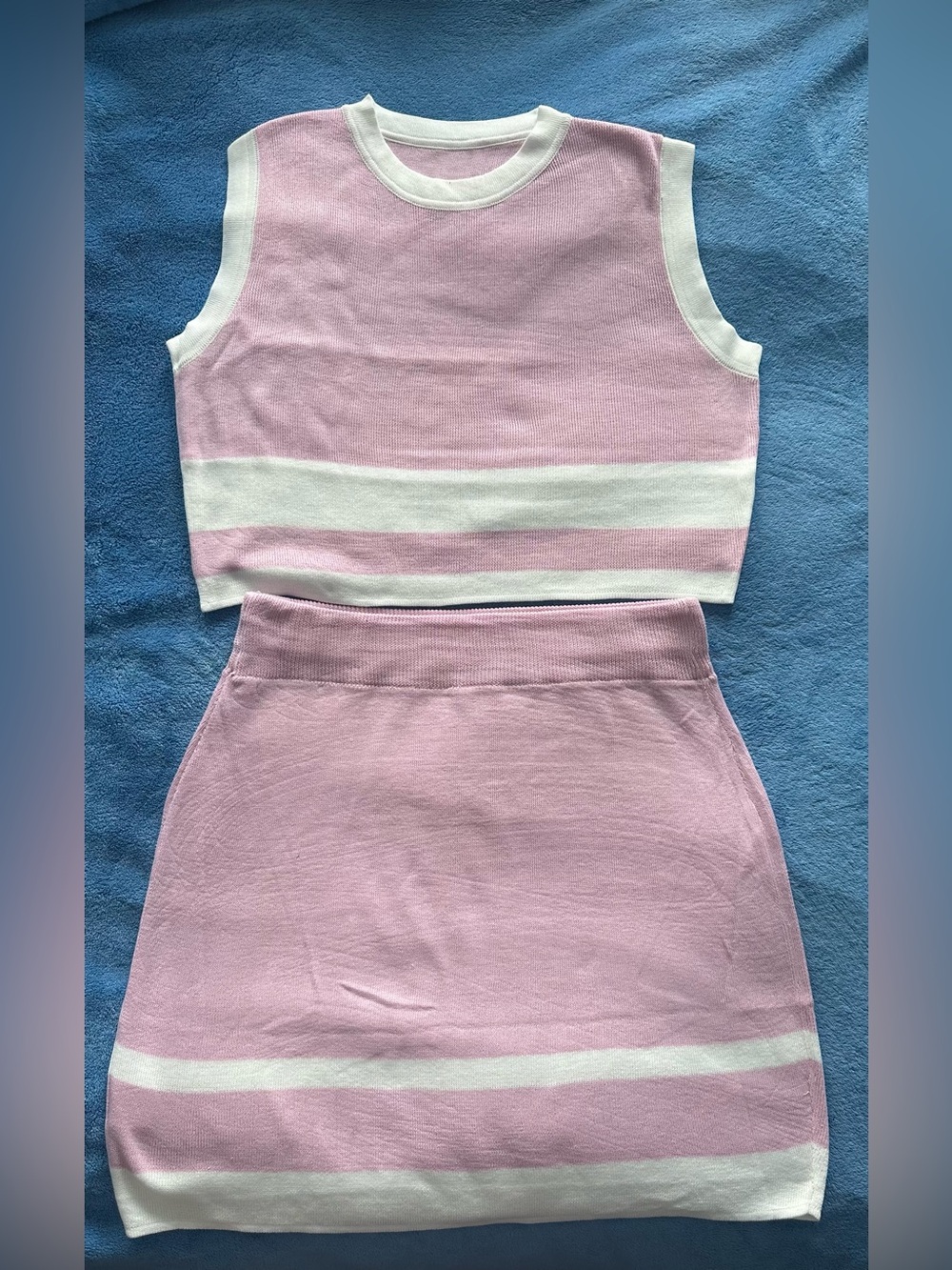 Pink and White Striped Knit Crop Top & Mini Skirt Set